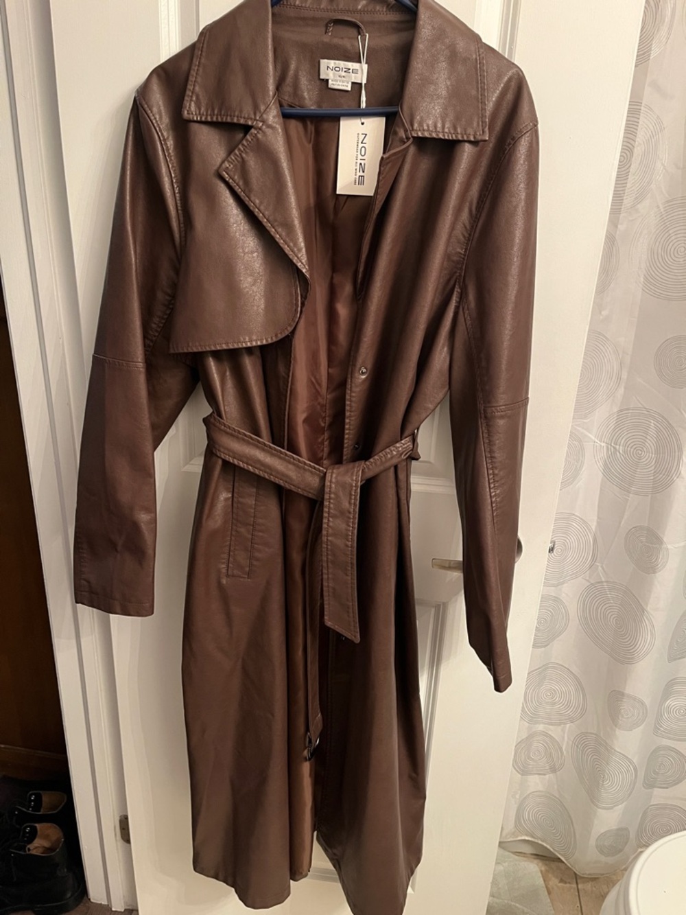 NWT Noize Chocolate Brown Faux-Leather Trench Coat with Belt